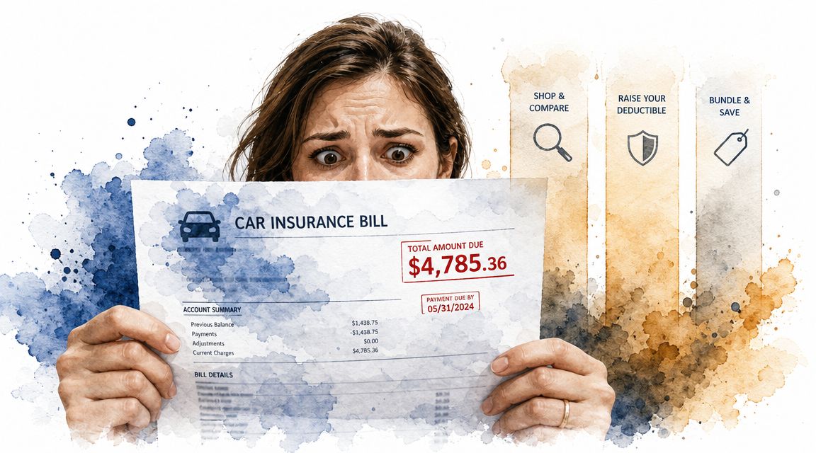 A distressed woman looking at an expensive car insurance bill due on May 31, 2024.