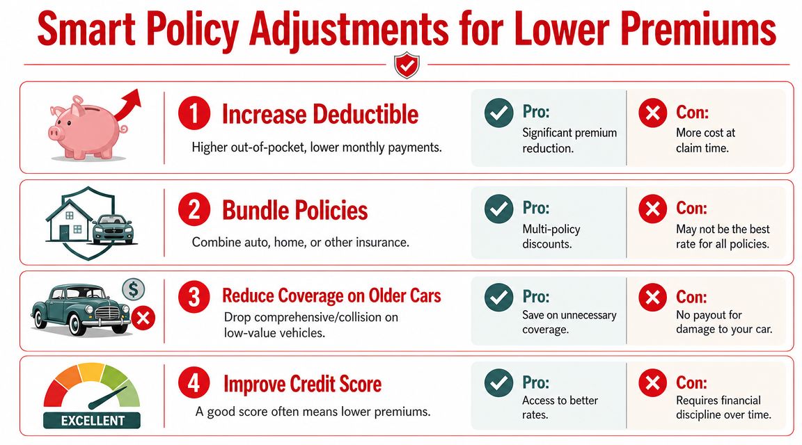 An infographic titled Smart Policy Adjustments for Lower Premiums, listing four strategies to reduce insurance costs.