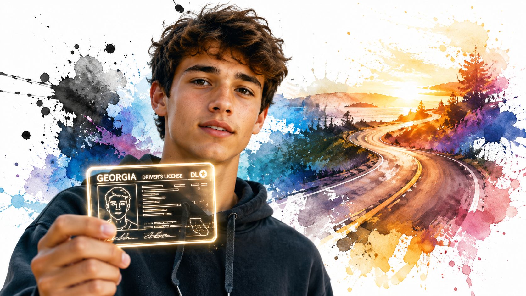 A young man holding a glowing digital Georgia driver license card with a scenic road background.