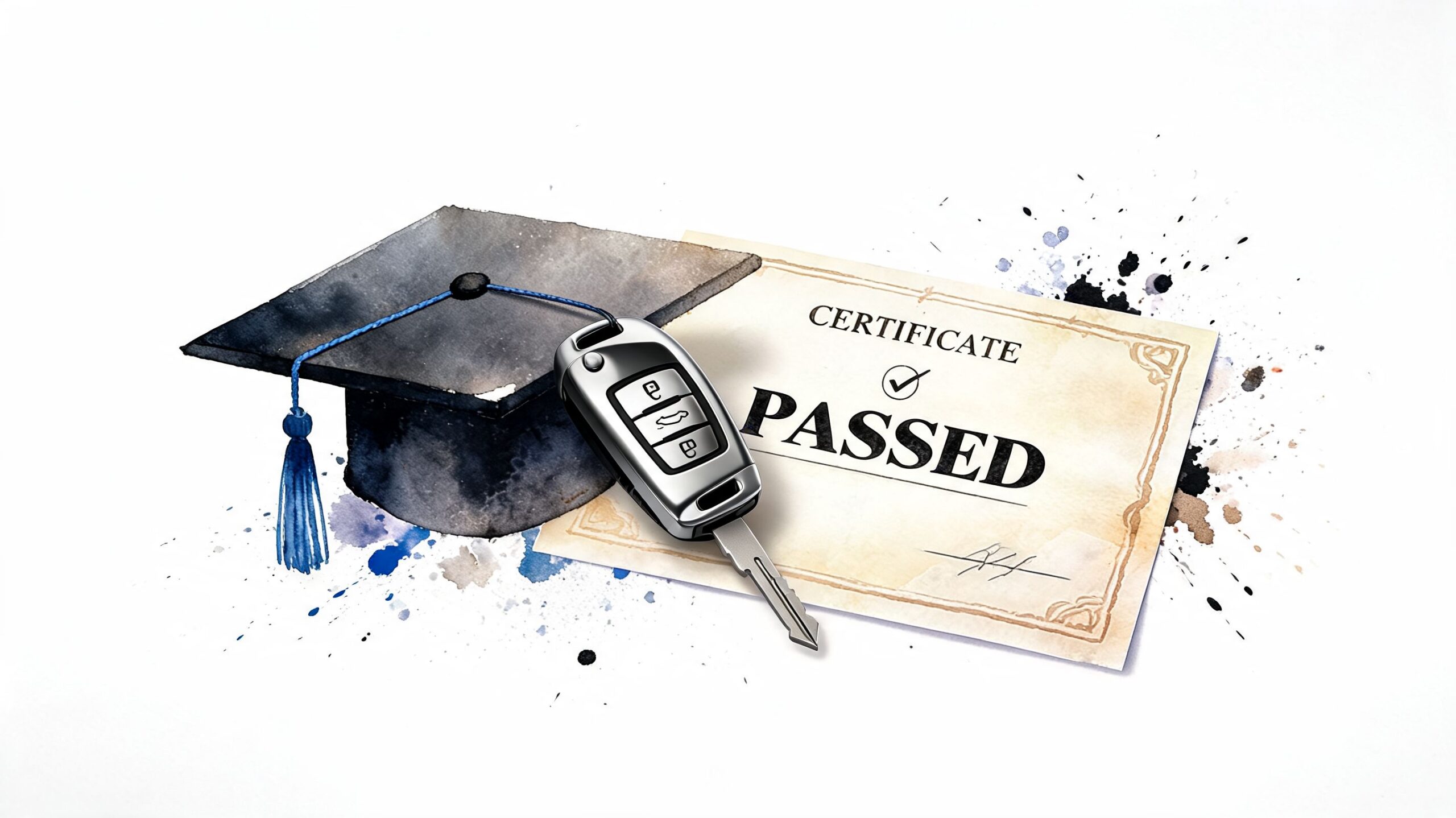 A graduation cap, a car key, and a certificate marked passed representing driving course completion.