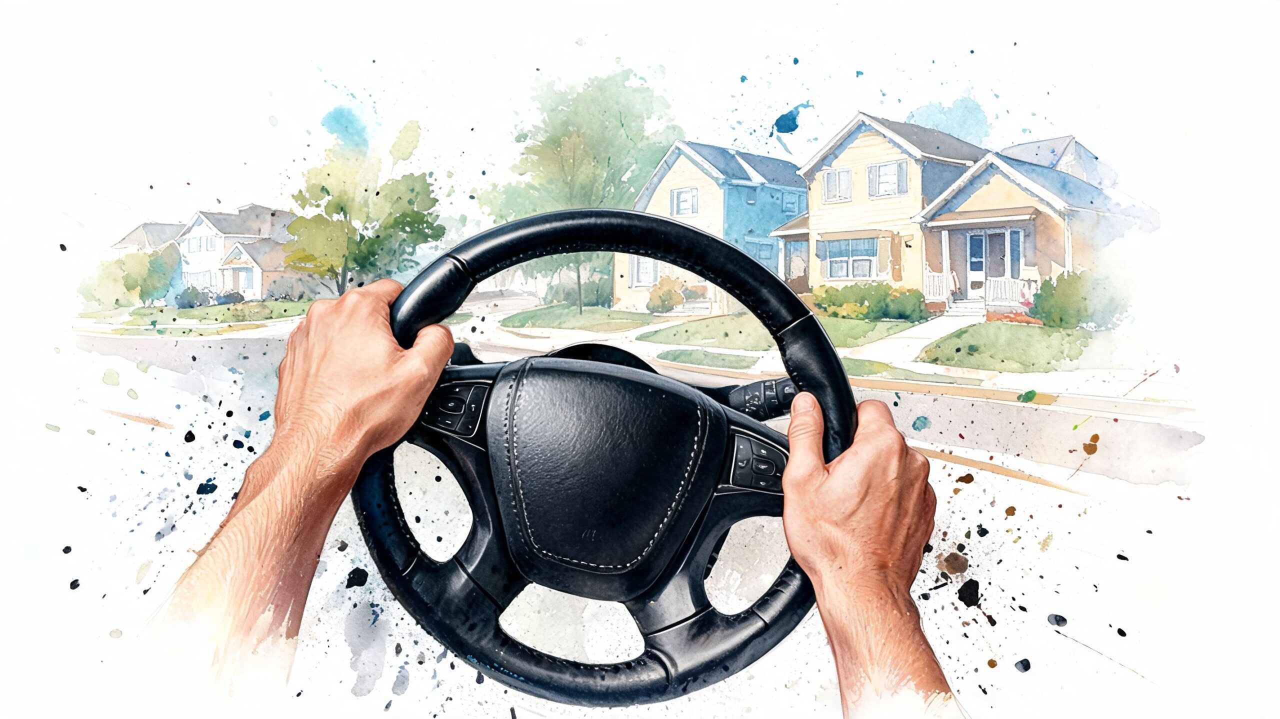 A first-person view of hands holding a steering wheel, driving through a neighborhood with watercolor painted houses.