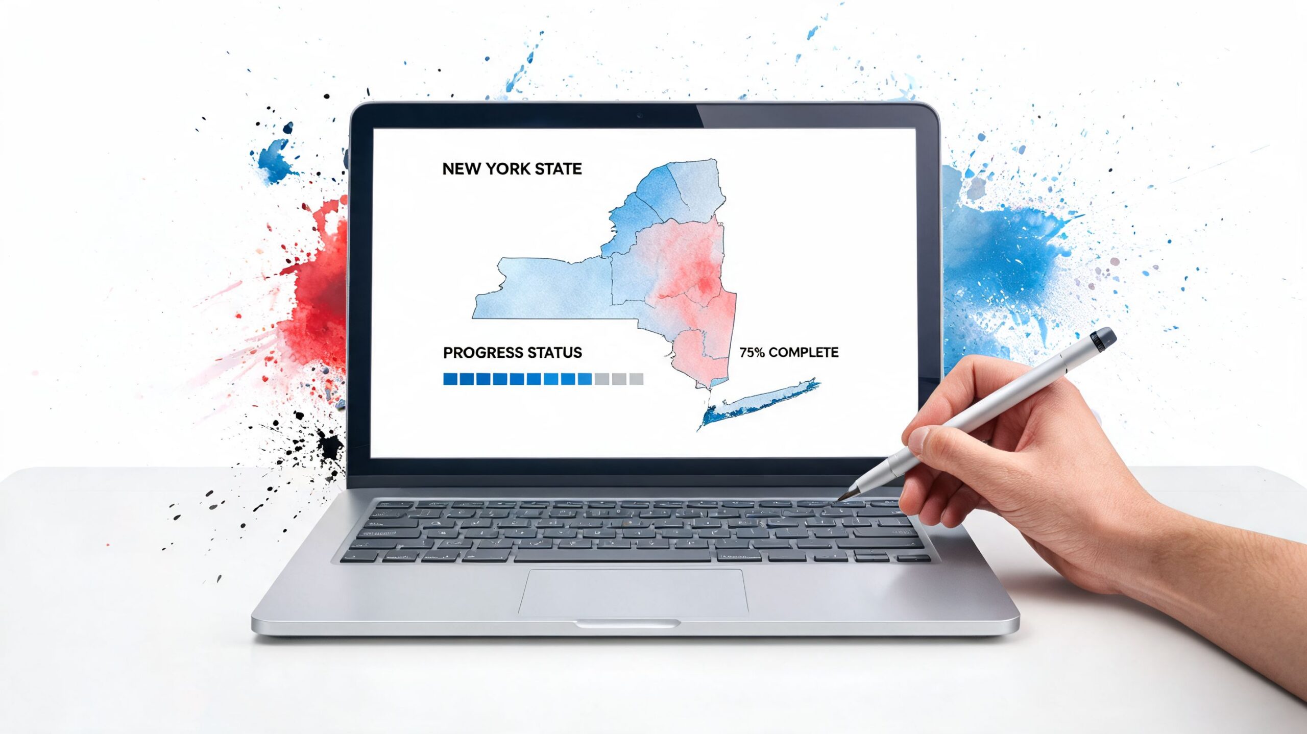 A laptop screen showing a map of New York state with a progress bar at 75 percent.