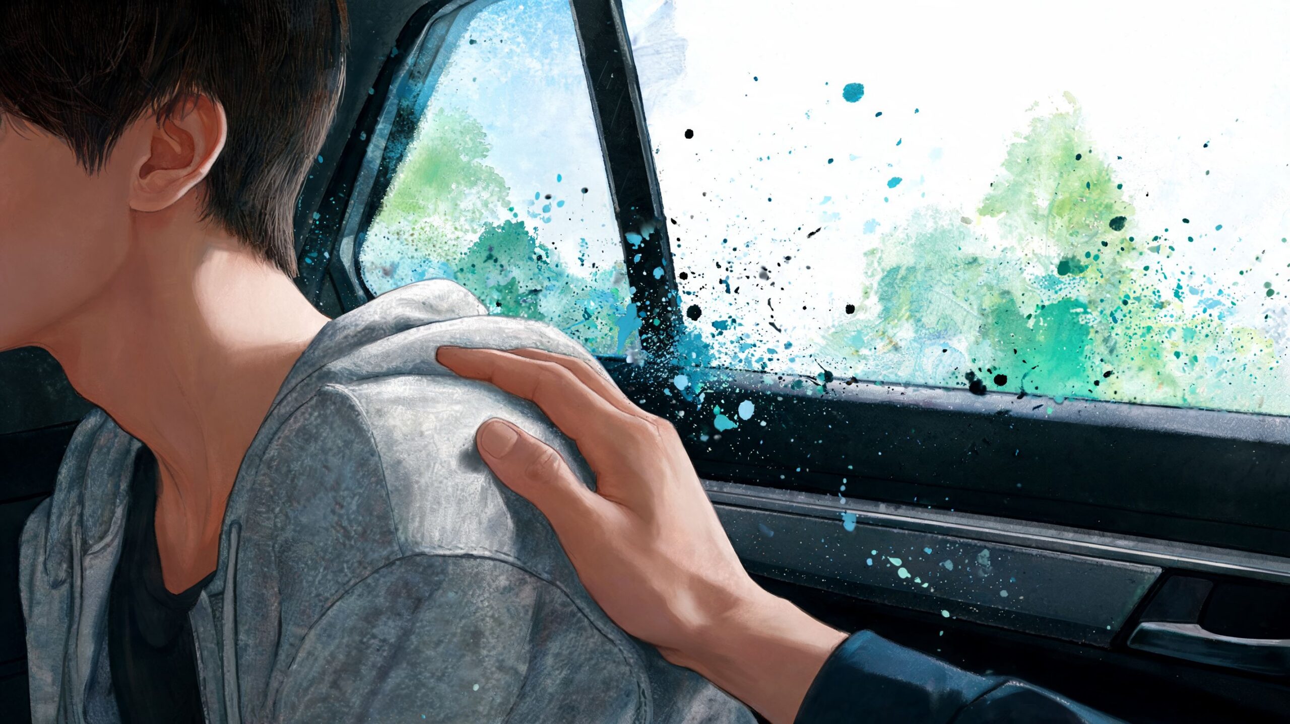 A close up view of a hand resting on a person shoulder inside a moving car