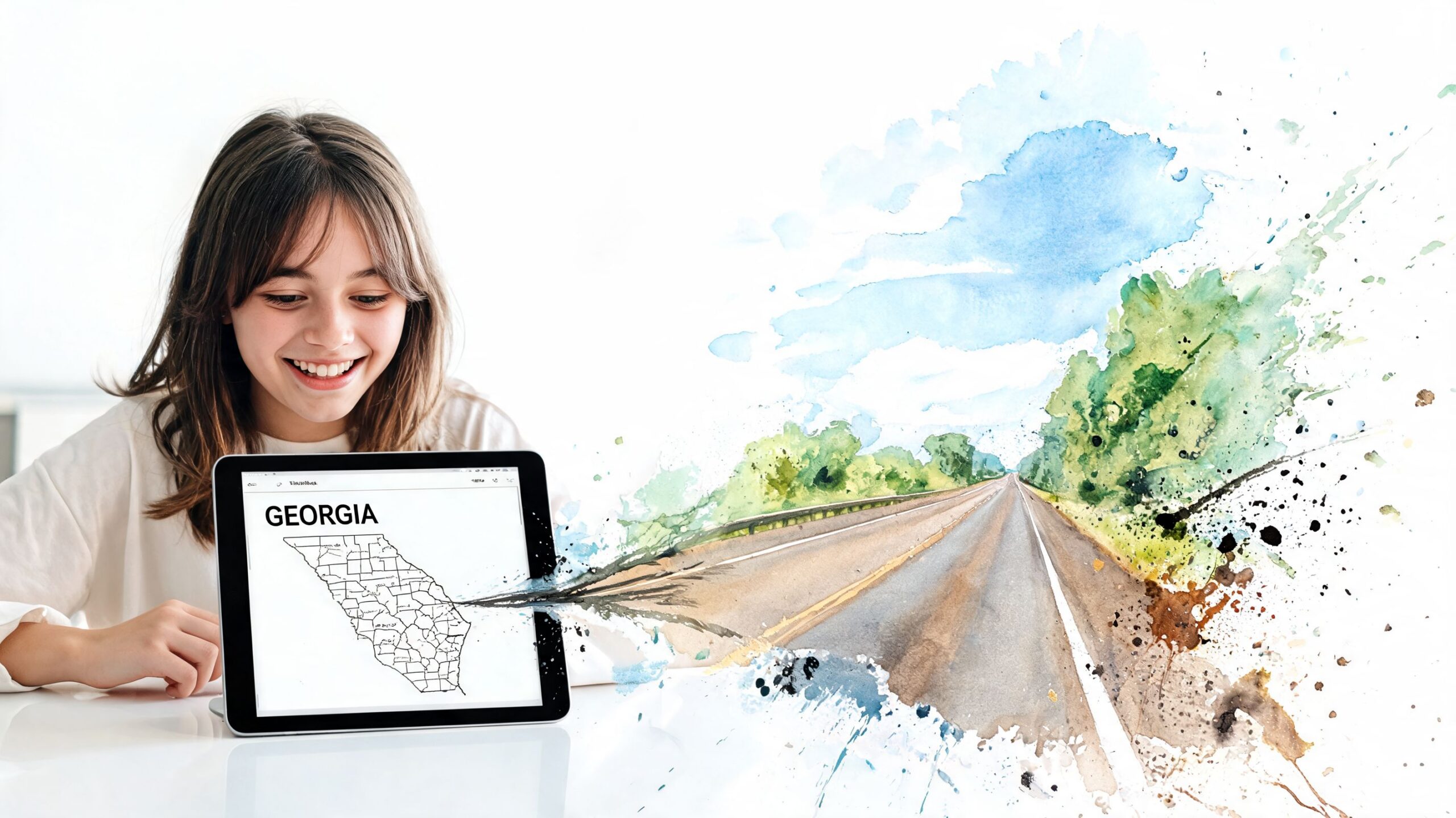 A happy young girl using a tablet that displays a map of Georgia, symbolizing virtual driving lessons.