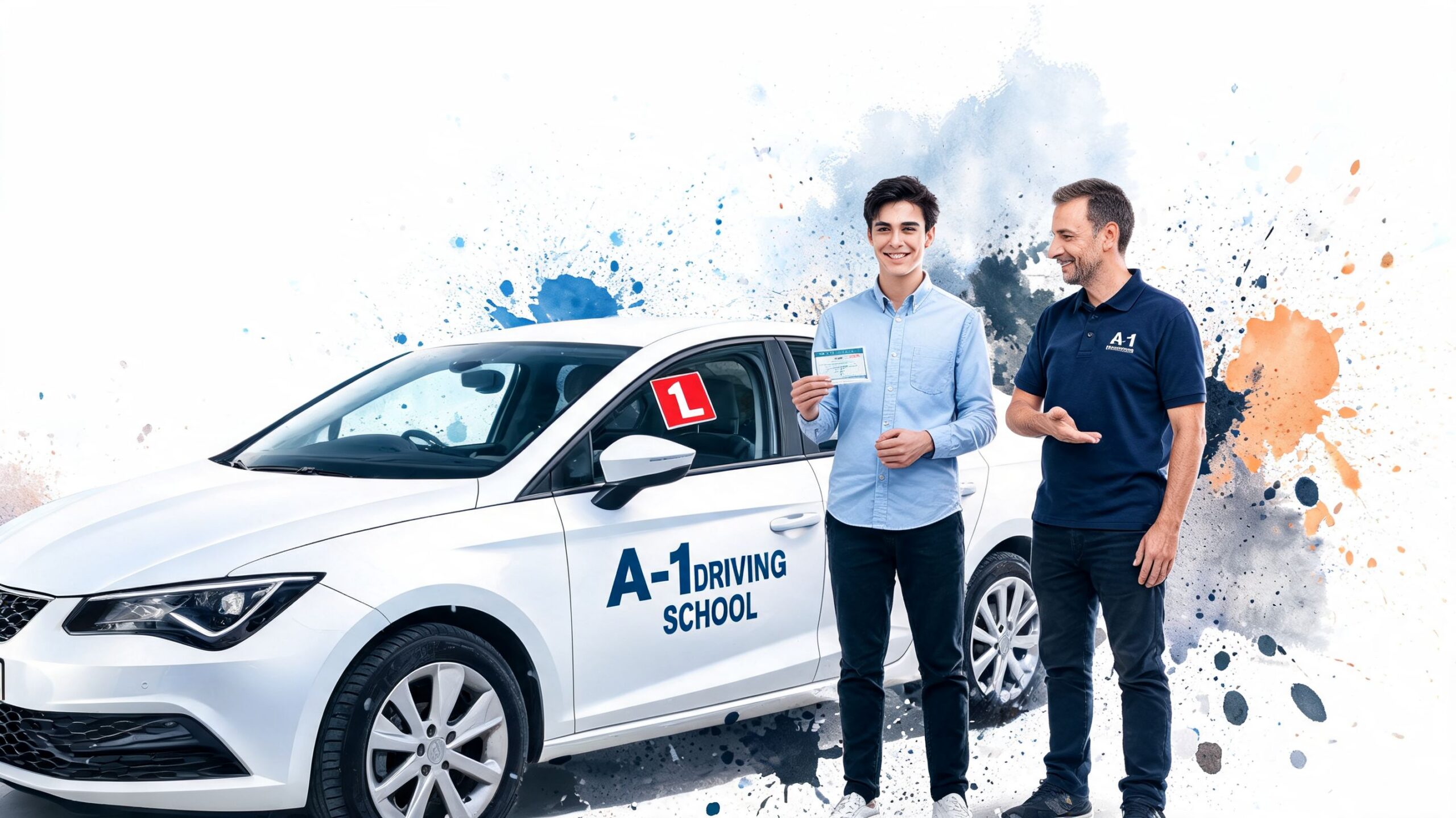 A driving instructor presents a license to a young student in front of an A-1 driving school car.