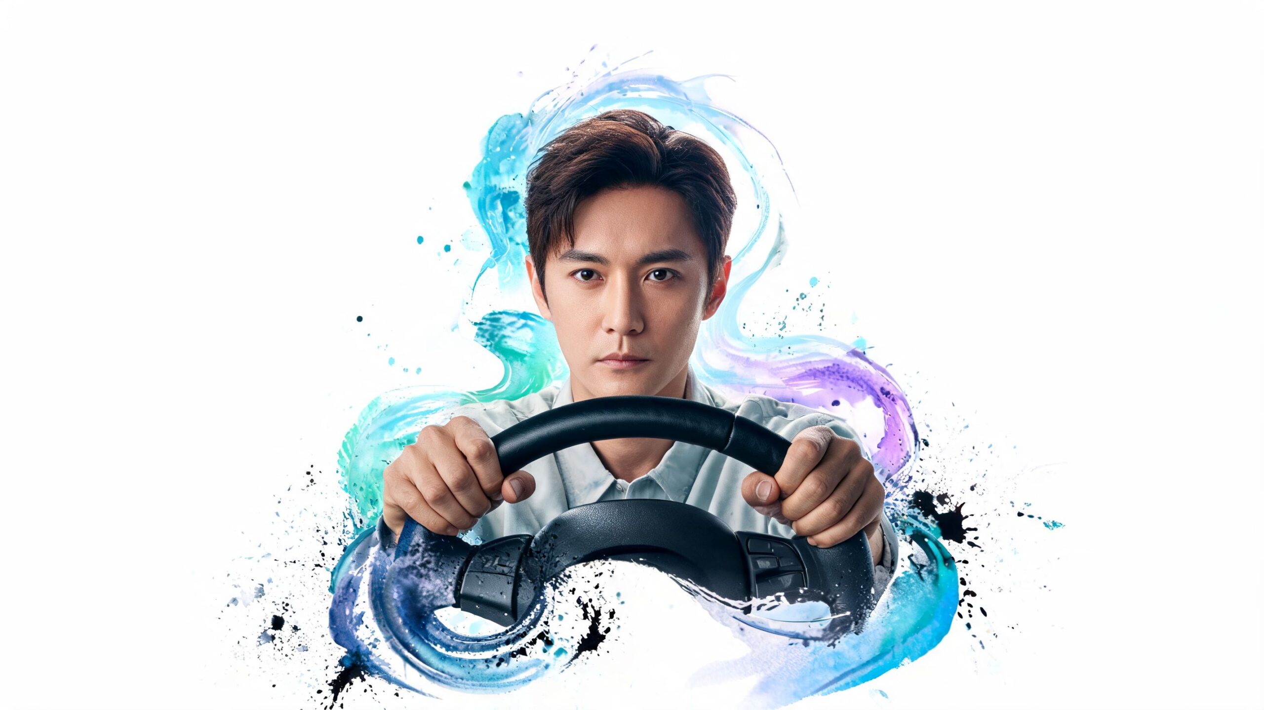 A young Asian man holding a steering wheel with vibrant abstract blue and purple watercolor splashes behind him.