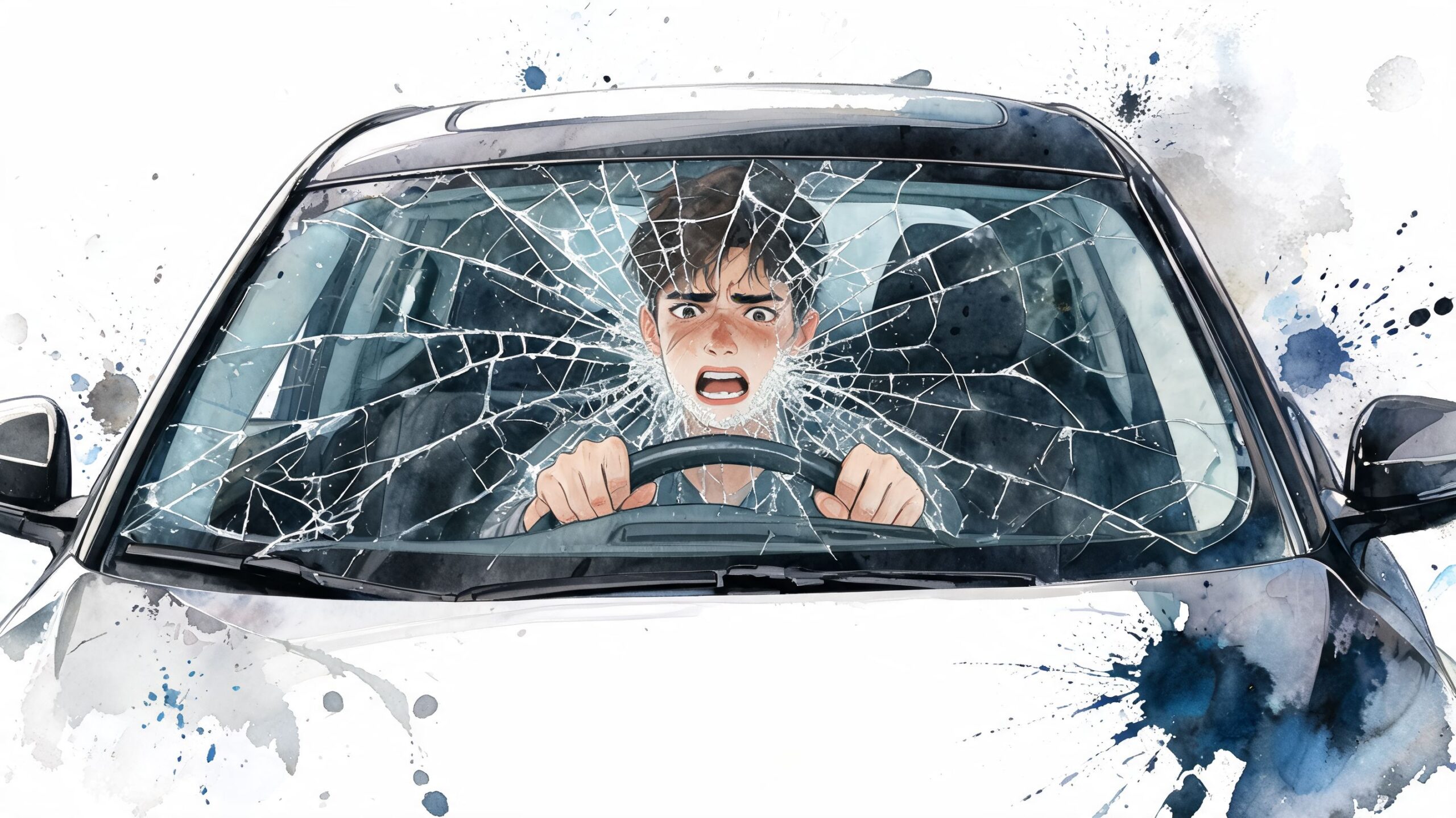A watercolor illustration of a panicked driver gripping a steering wheel behind a shattered car windshield.