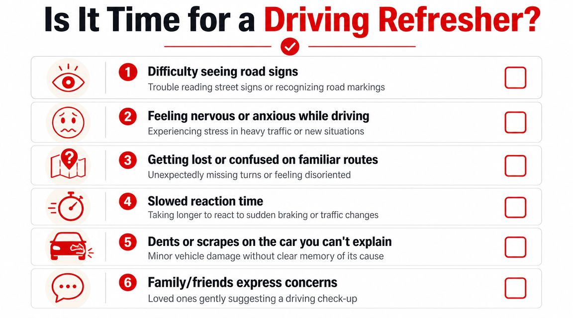 A checklist for seniors to evaluate if they need a driving refresher course or safety assessment.
