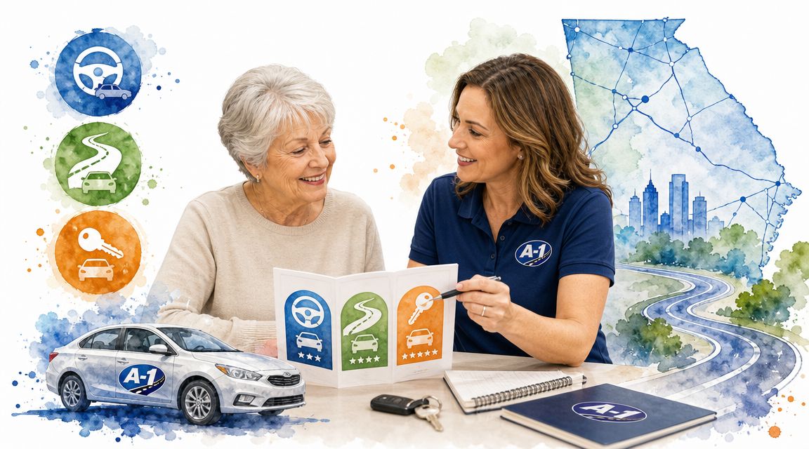 An instructor smiling at an elderly woman while they discuss A-1 driving school services together.