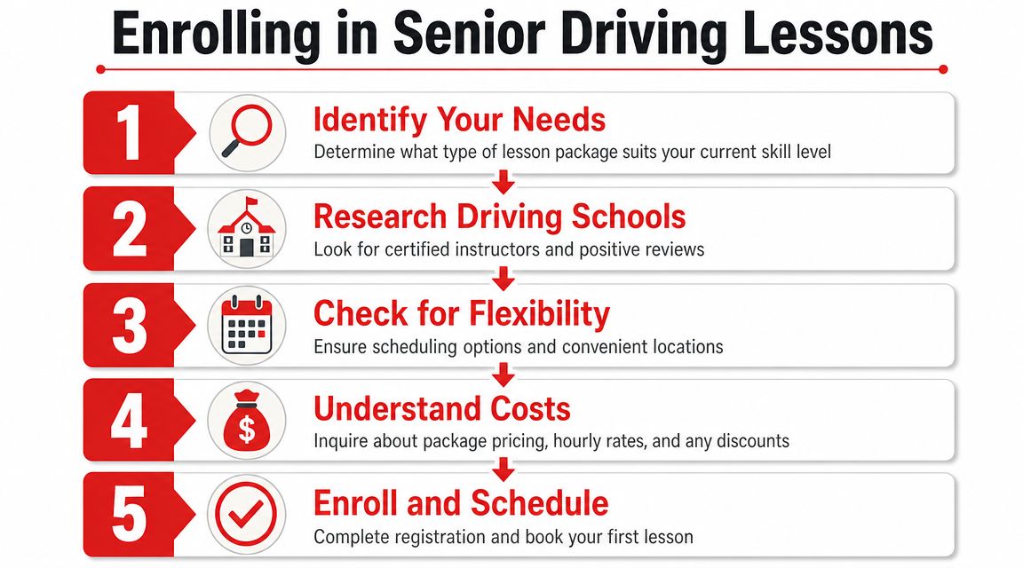 A five step guide infographic titled Enrolling in Senior Driving Lessons with simple icons for each step.