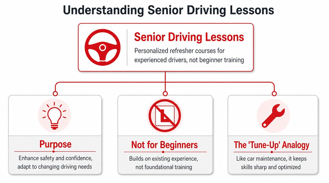 A diagram titled Understanding Senior Driving Lessons, explaining that these courses are personalized refreshers for experienced drivers.
