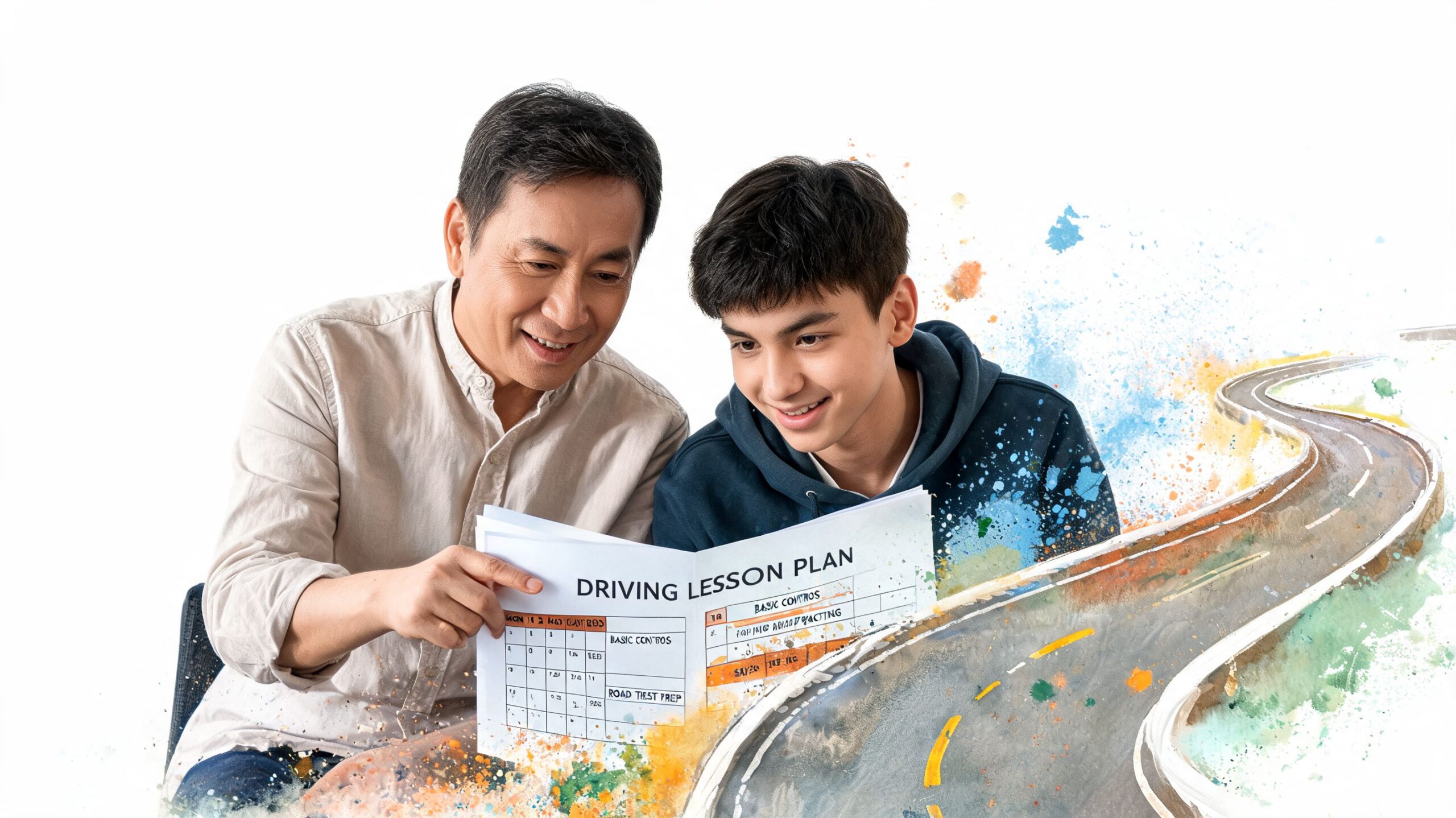 An Asian father guiding his teenage son while reviewing a driving lesson plan with a watercolor road background.
