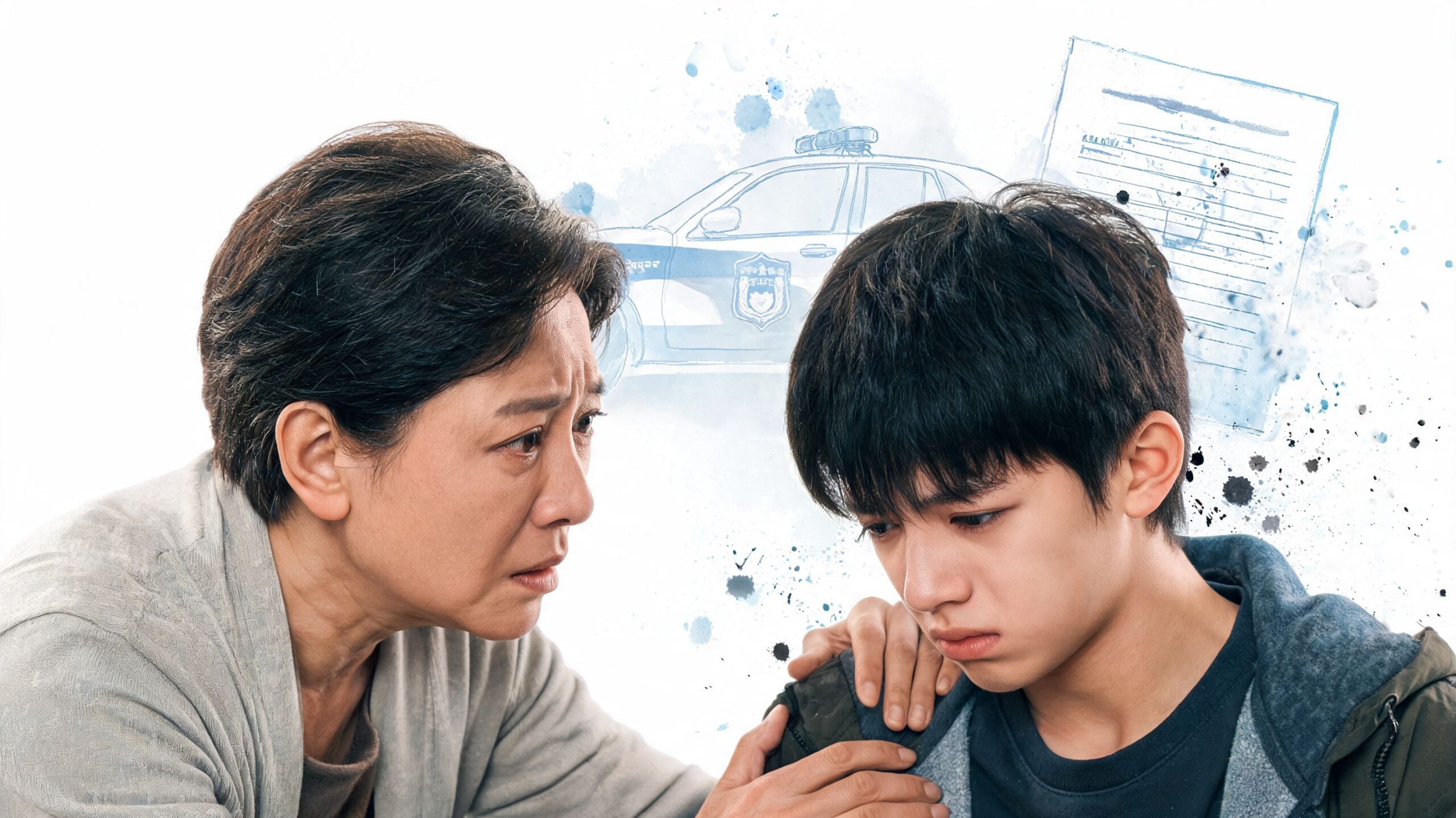 A concerned grandmother comforts her crying teenage grandson in front of a police car and legal documents.