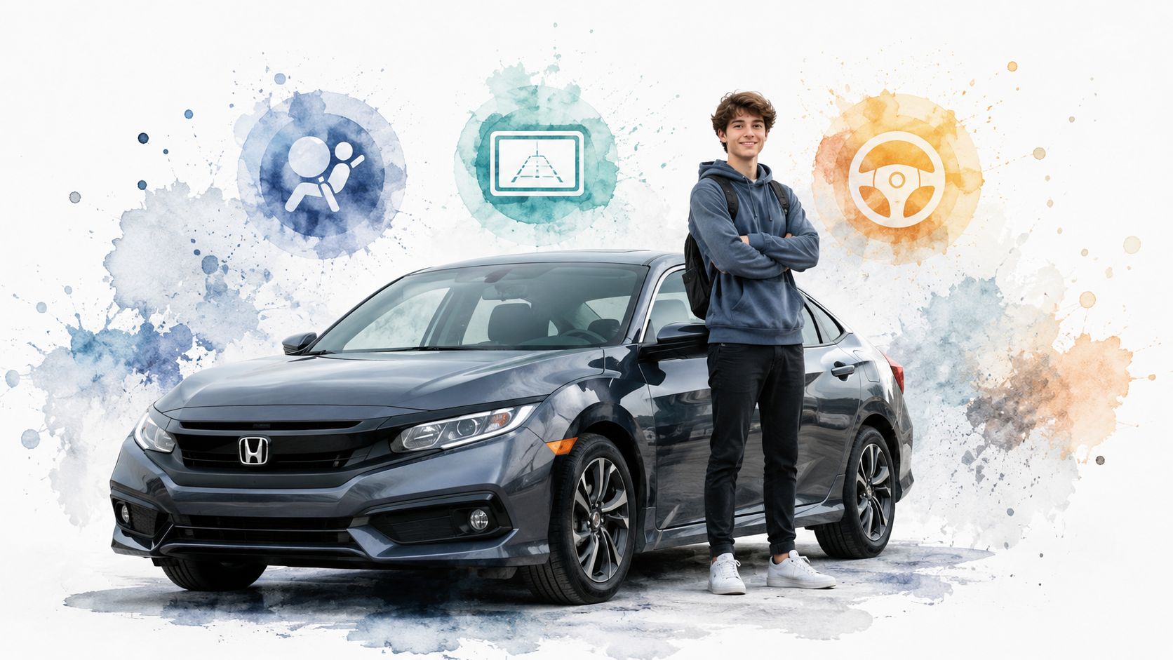 A teenage male student standing next to his Honda car with safety icons displayed above.