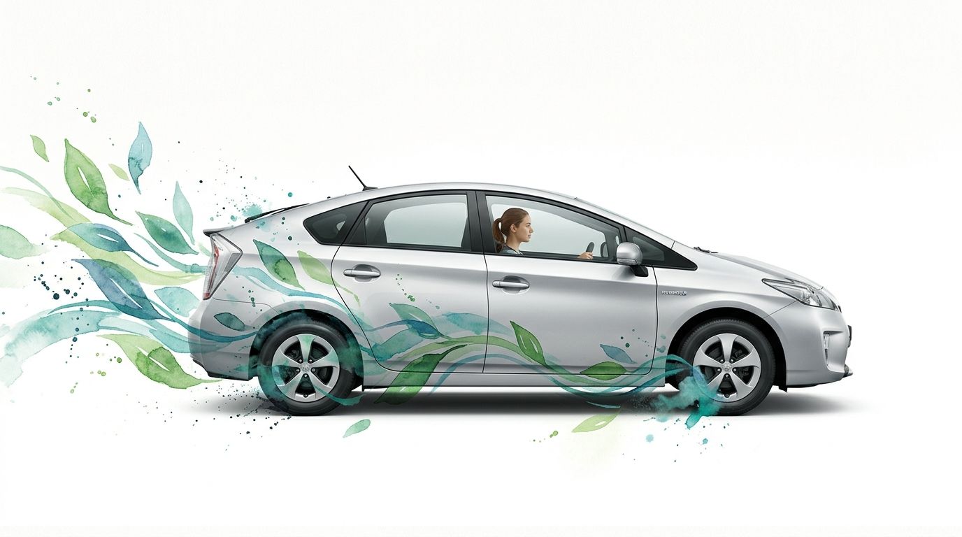 A silver hybrid car driving forward with artistic green watercolor leaf patterns trailing behind it.