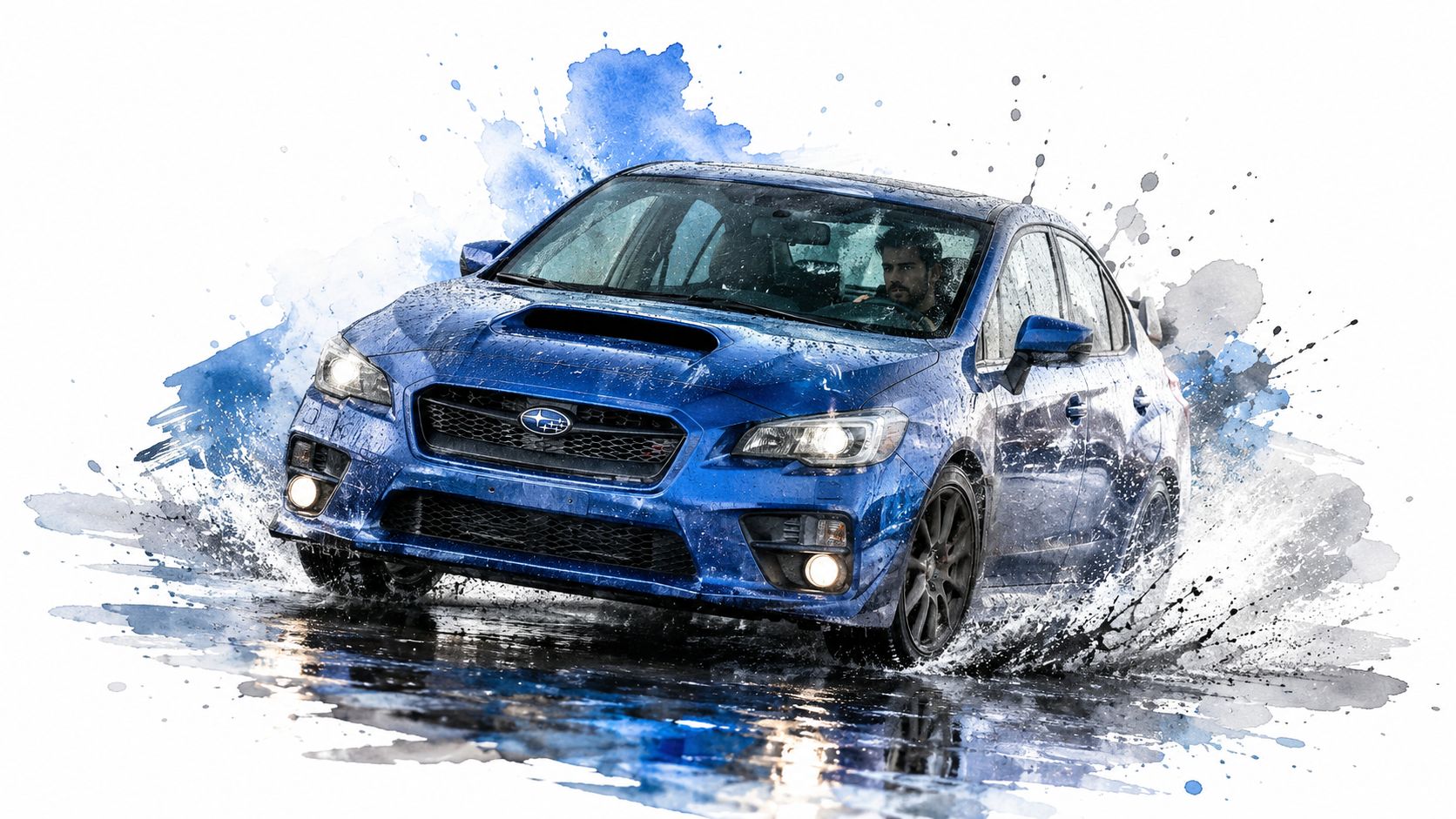A dynamic blue Subaru WRX driving through rain, featuring artistic watercolor splash effects and water spray.