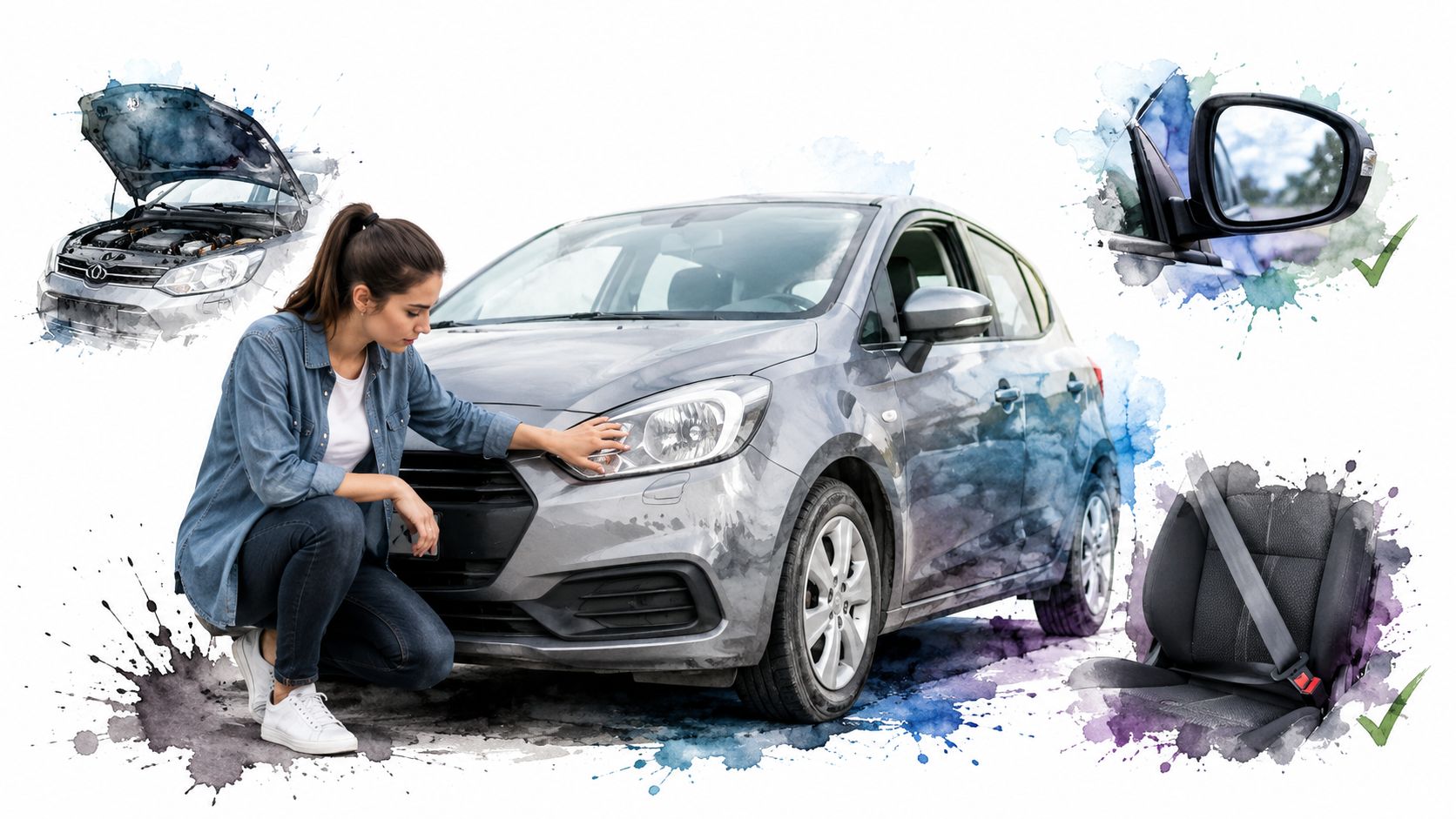 A woman inspecting a gray car with detailed checkmark icons highlighting the mirror and interior safety seat.