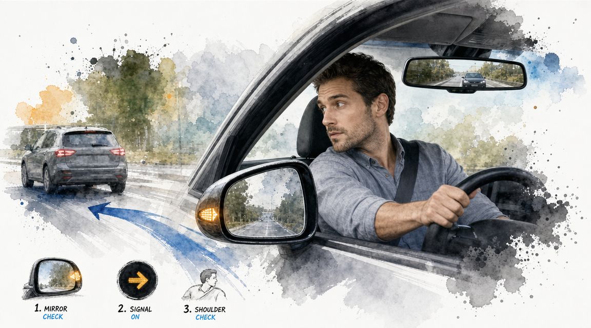 A watercolor-style illustration demonstrating safe driving techniques including mirror checks, signaling, and shoulder checks while changing lanes.