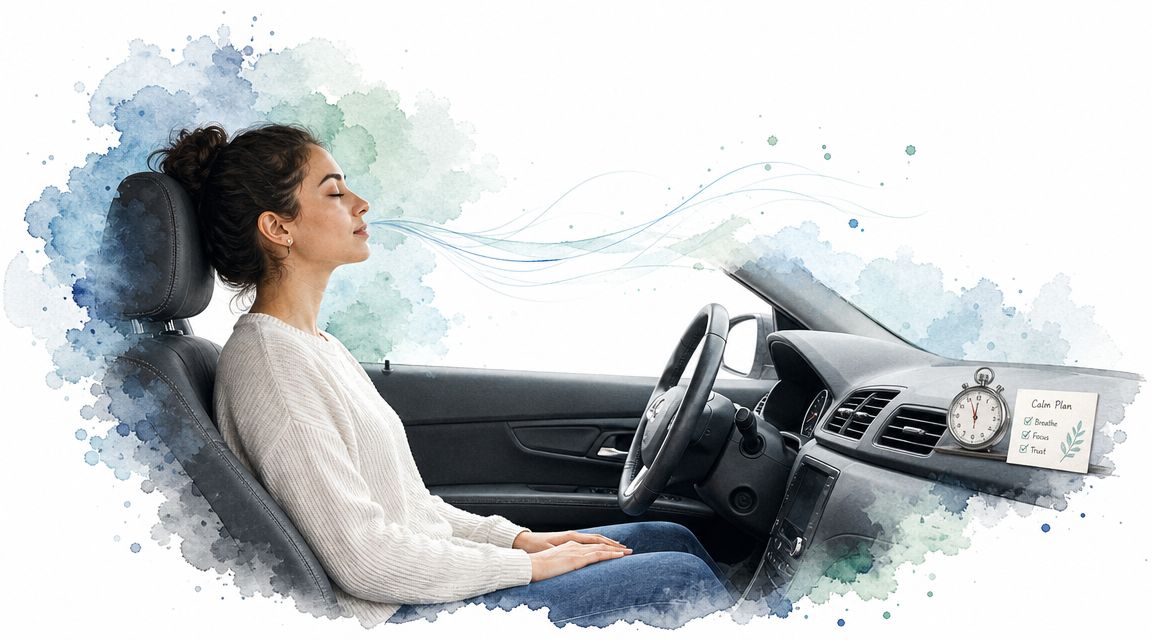 A woman practicing mindfulness and deep breathing in the driver's seat to manage driving test anxiety.