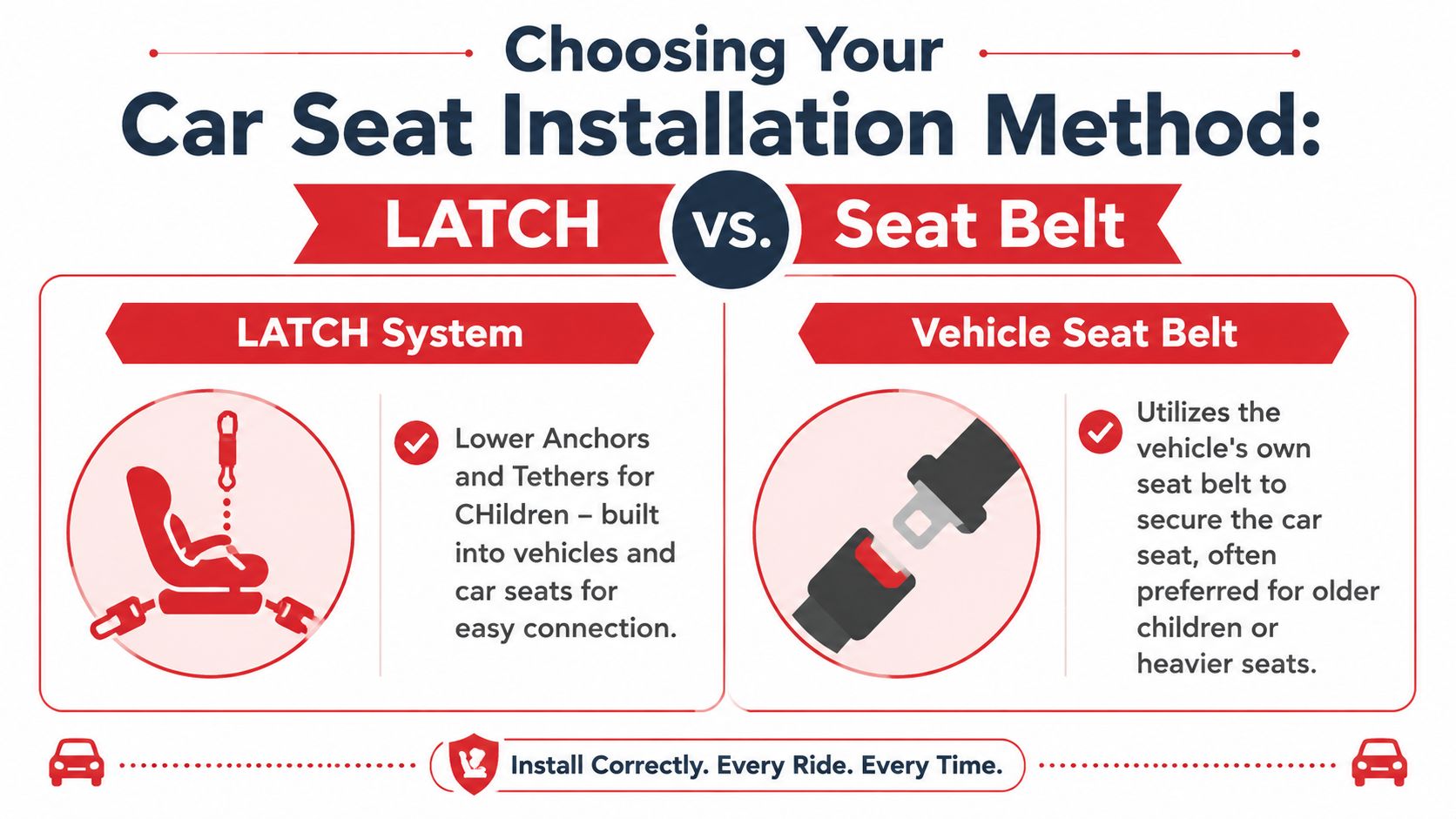 An infographic comparing the LATCH and vehicle seat belt methods for installing a child car seat.