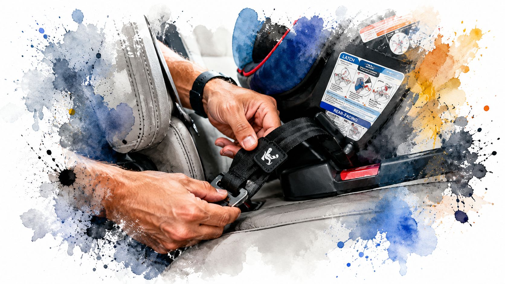 A person securely installing a child safety seat into a vehicle using the latch restraint system.