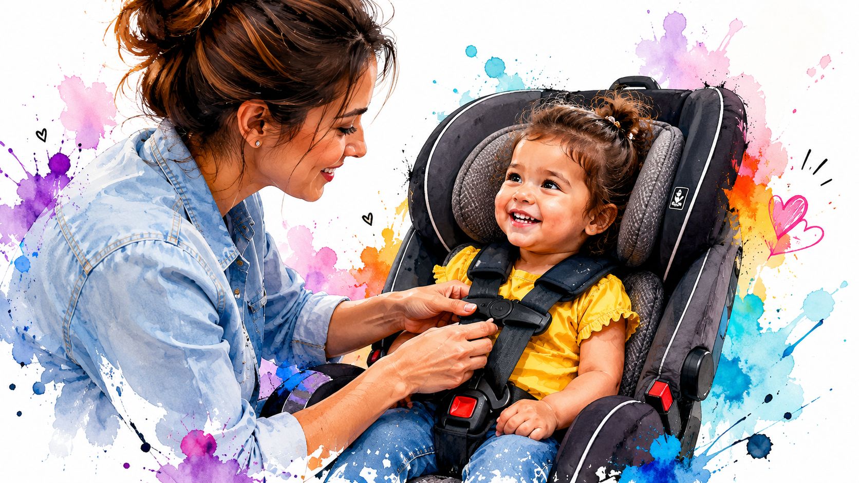 A smiling mother carefully adjusting the safety harness for her toddler daughter in a car seat.