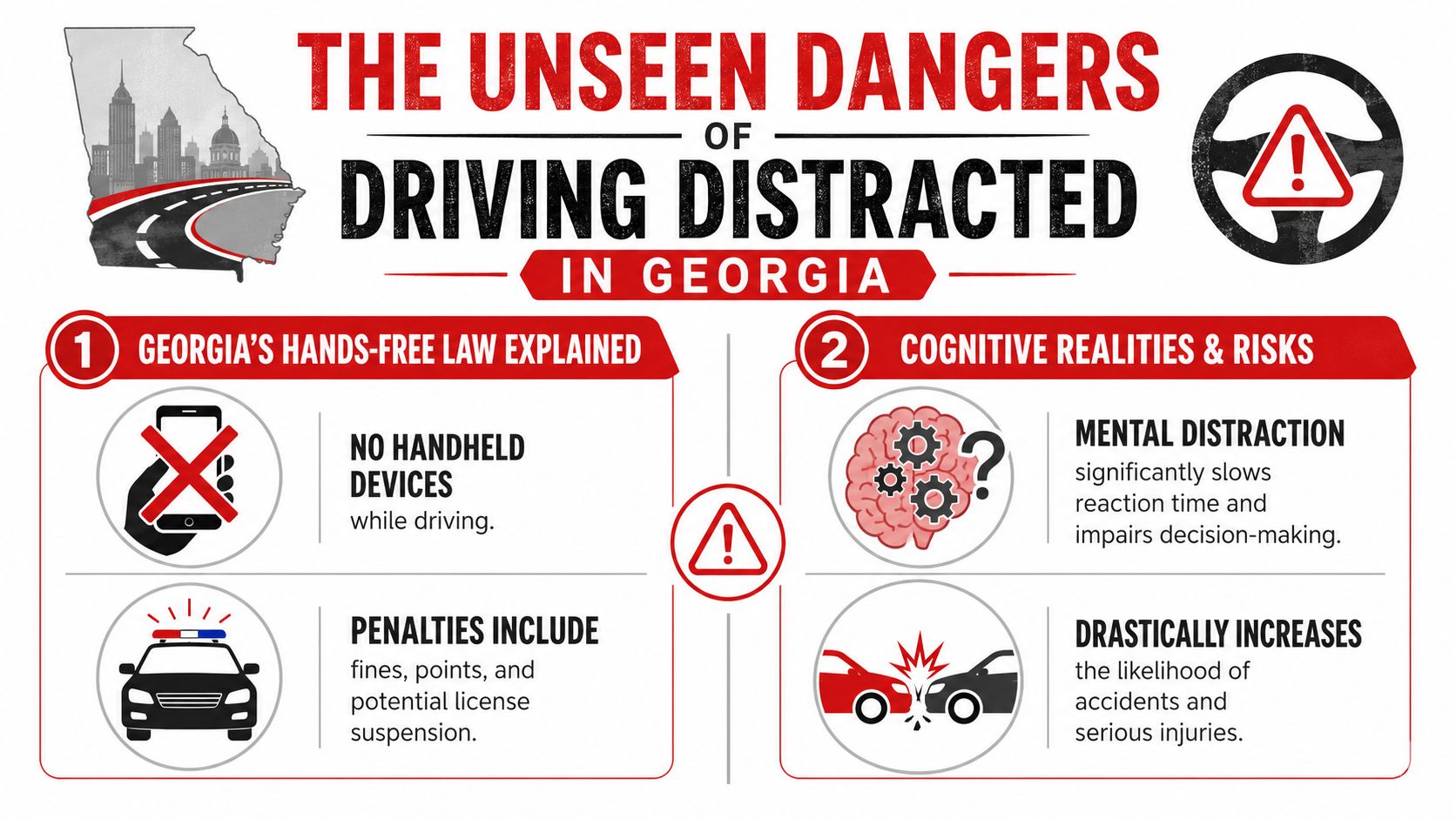 An infographic detailing Georgia's hands-free driving laws and the cognitive dangers associated with distracted driving.