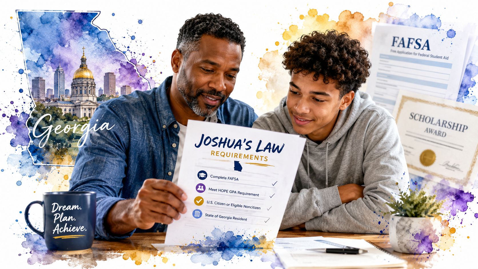 A father and son look over Georgia state requirement documents related to student financial aid and licensing.