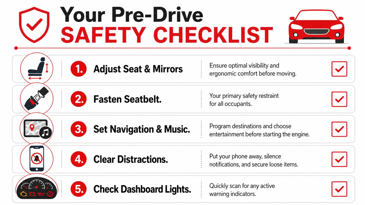 A visual guide titled Your Pre-Drive Safety Checklist with five steps to ensure driver safety before moving.