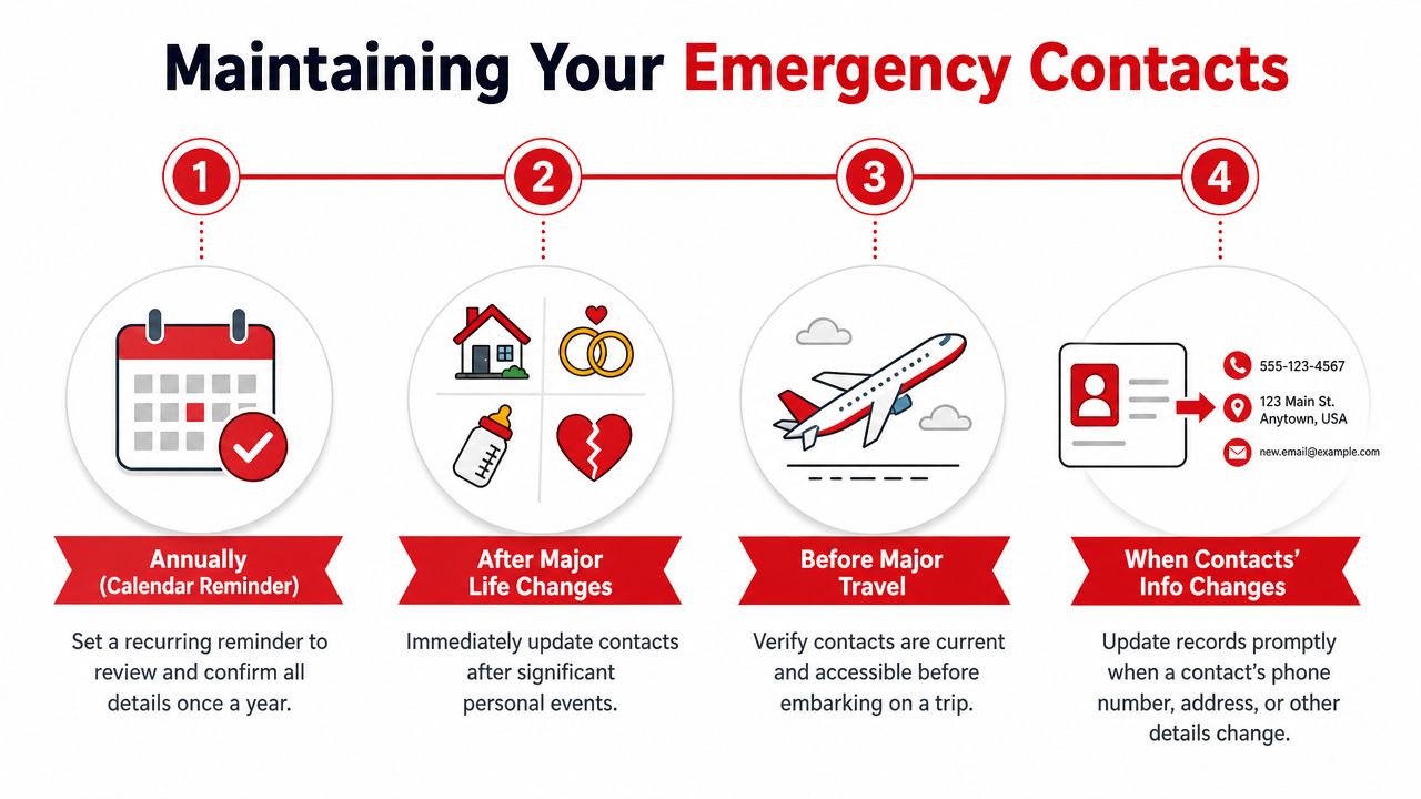 An infographic showing four steps for maintaining emergency contact information with icons for calendar, life events, travel, and updates.