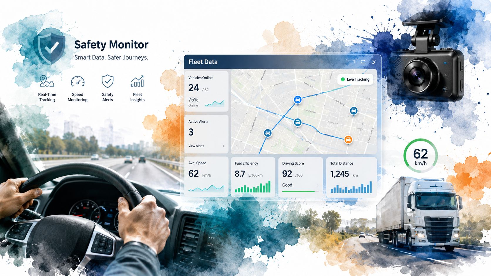 A digital fleet safety dashboard showing vehicle tracking, speed monitoring, and performance metrics for professional drivers.