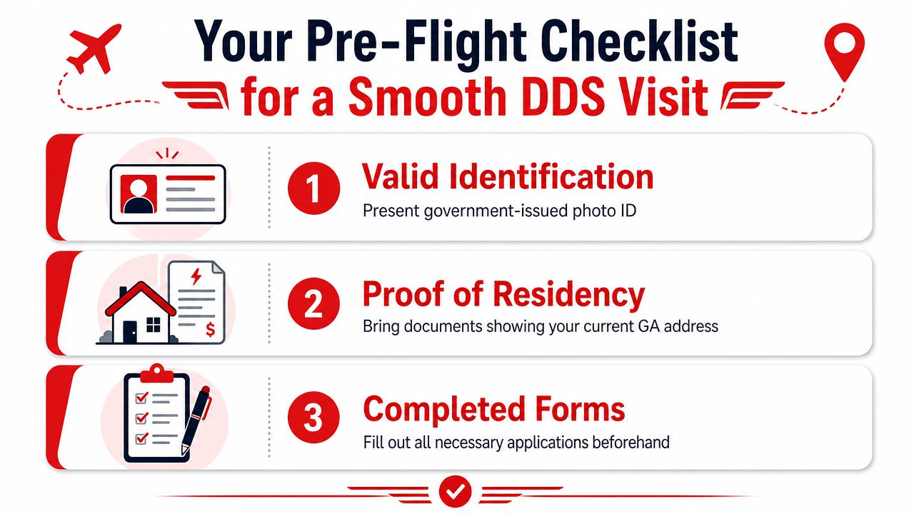 A pre-flight checklist infographic for a smooth visit to the Georgia Department of Driver Services office.