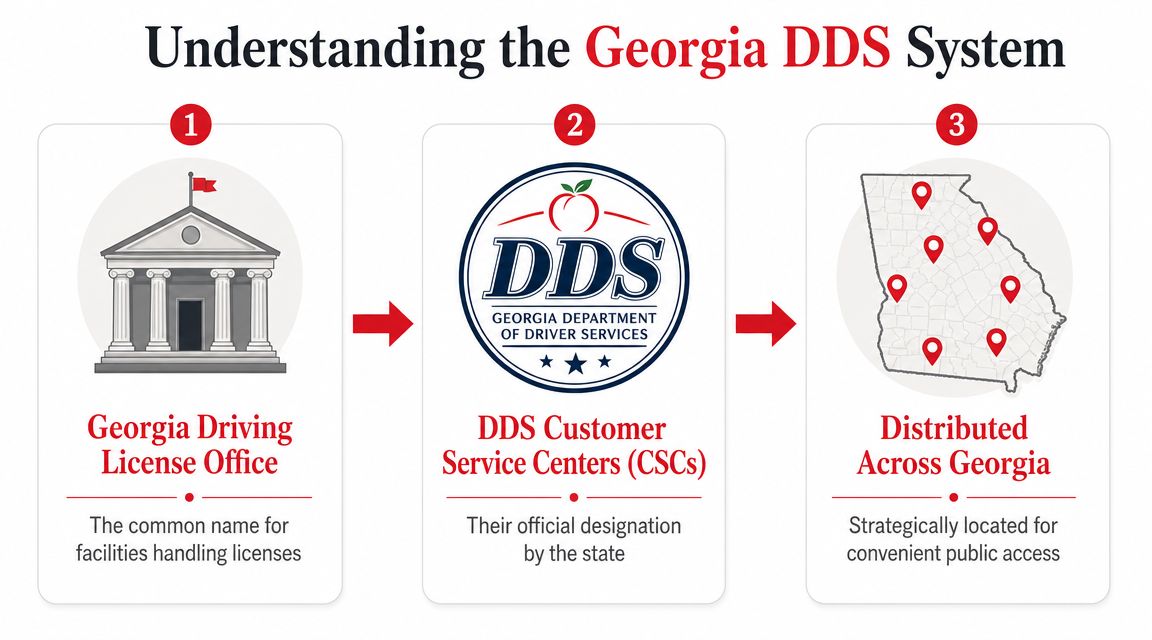 An infographic explaining that Georgia Driving License Offices are officially known as DDS Customer Service Centers distributed across Georgia.