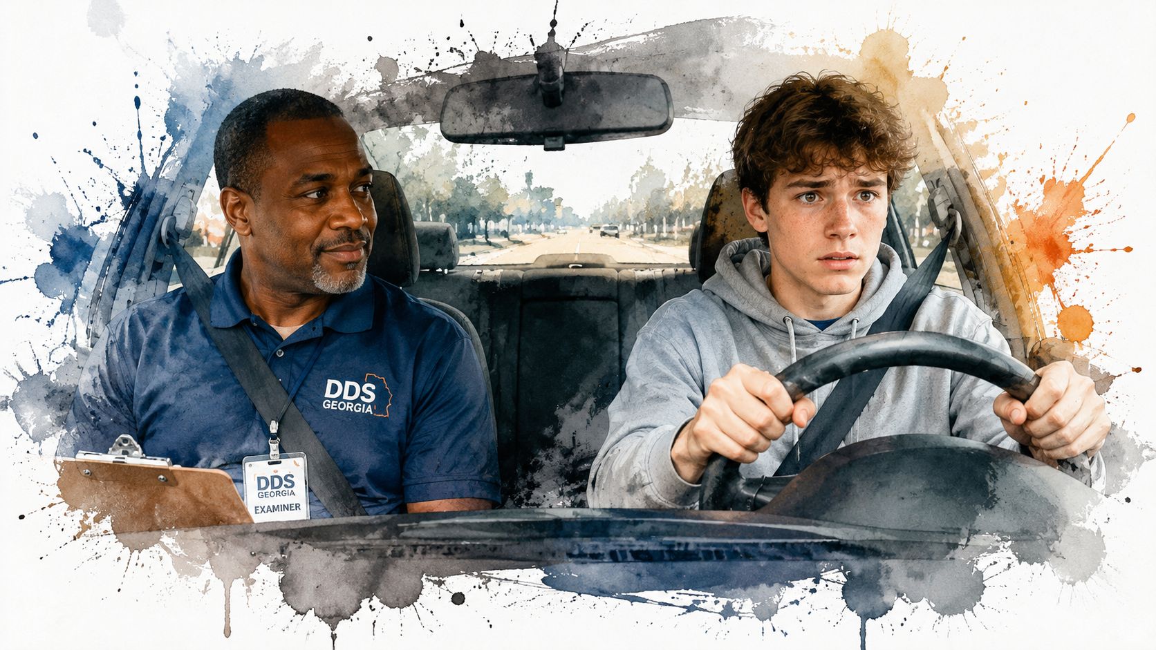 A nervous teenager taking a driving test with a DDS Georgia examiner inside a car.