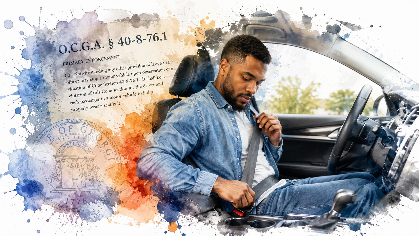 A man fastening his seat belt inside a car next to text explaining Georgia seat belt laws.