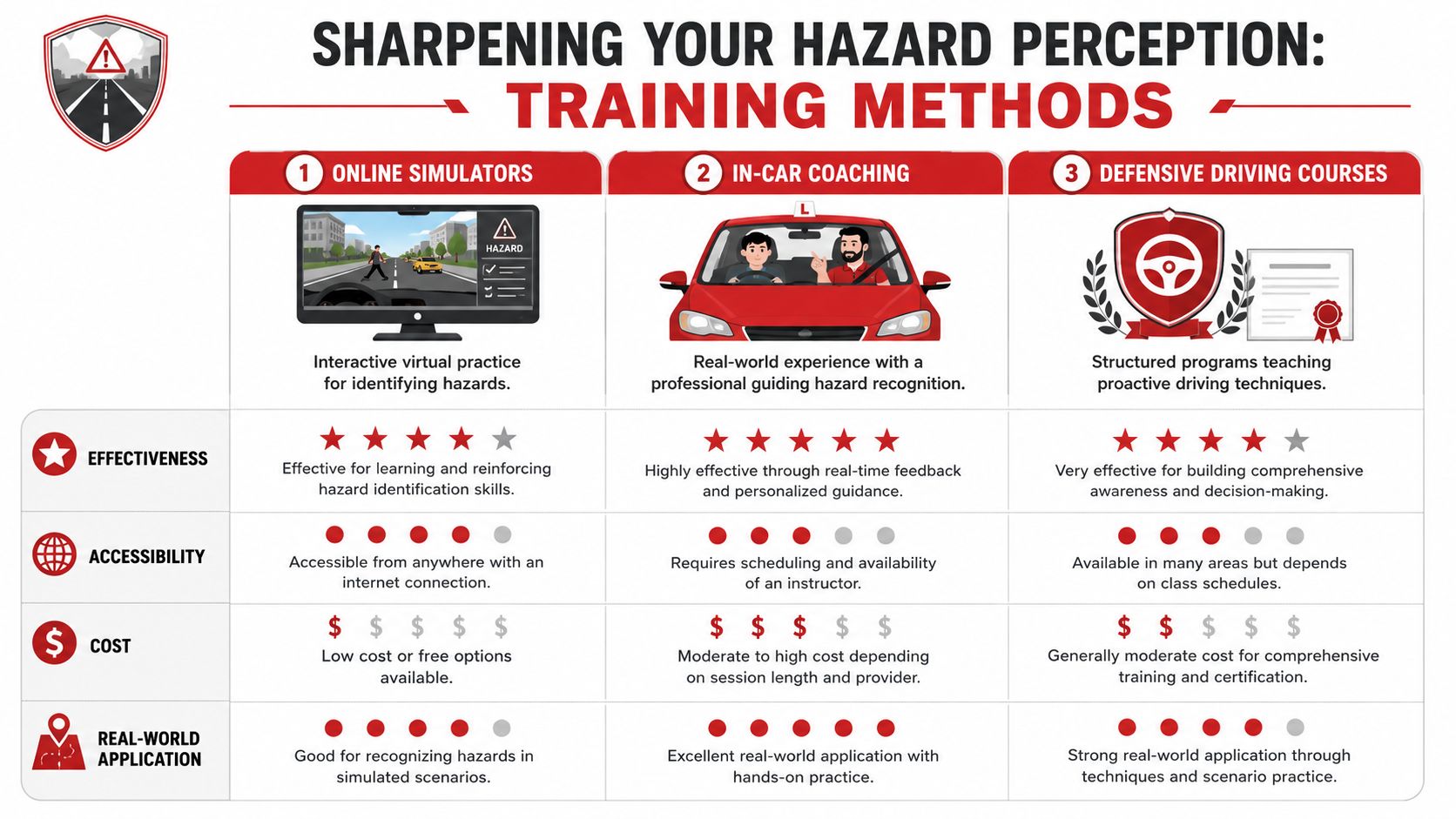 A comparison chart outlining three methods for hazard perception training including online simulators, in-car coaching, and defensive driving.