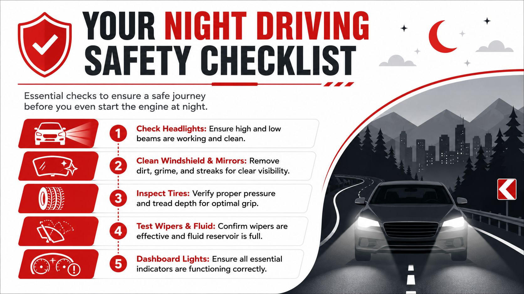 A safety checklist infographic illustrating five essential car maintenance steps for safe night driving.