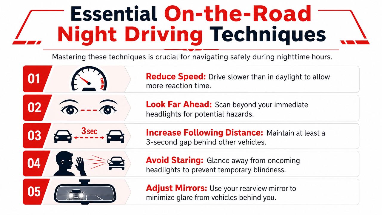 An infographic titled Essential On-the-Road Night Driving Techniques listing five safety tips for nighttime driving.