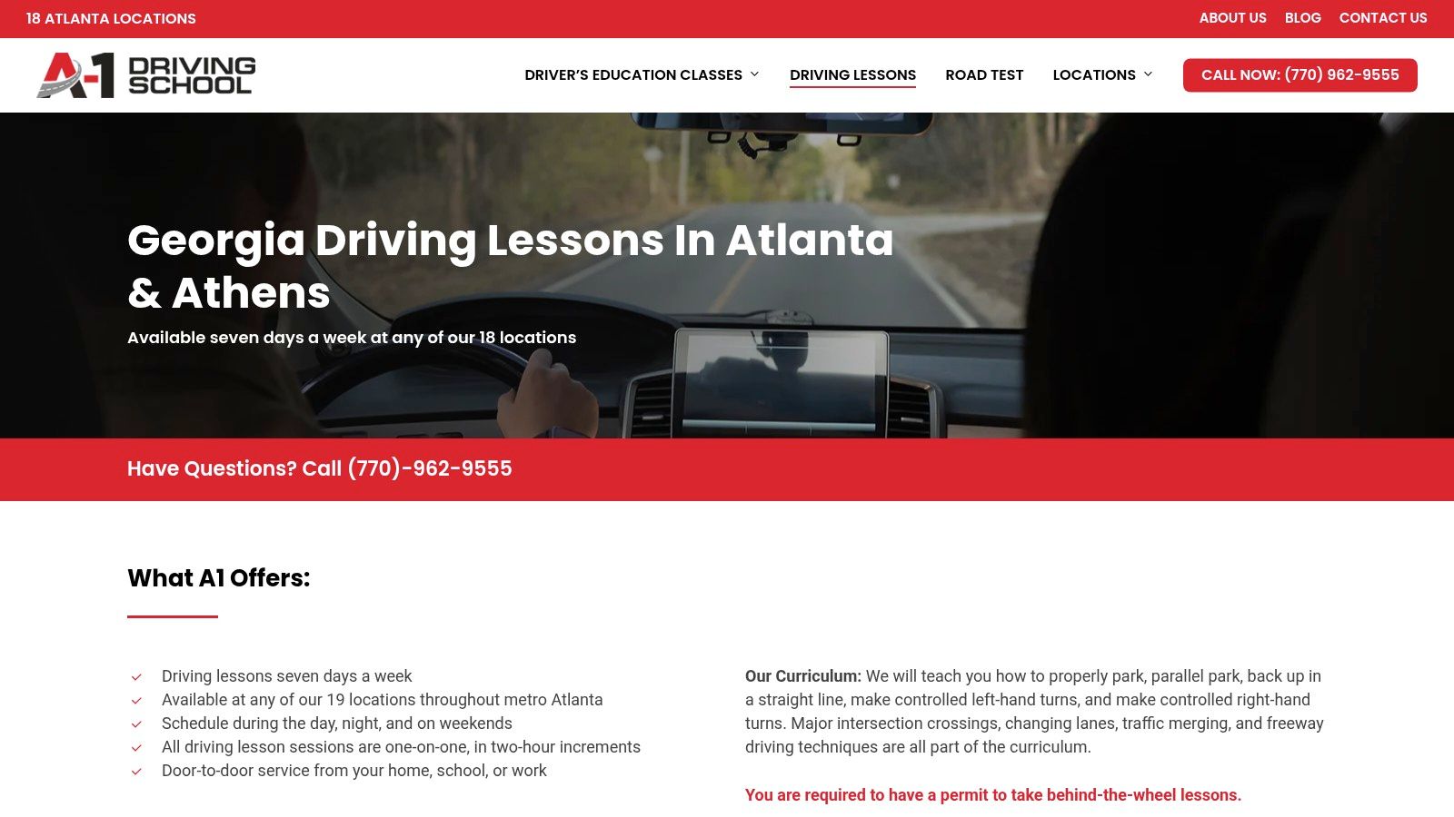 Screenshot from https://a1drivingschools.com/driving-lessons/