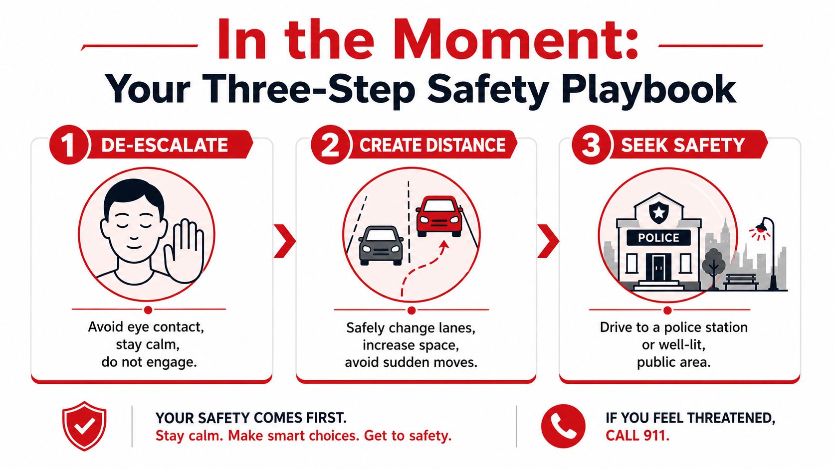 A three-step infographic titled In the Moment showing how to handle aggressive drivers on the road.