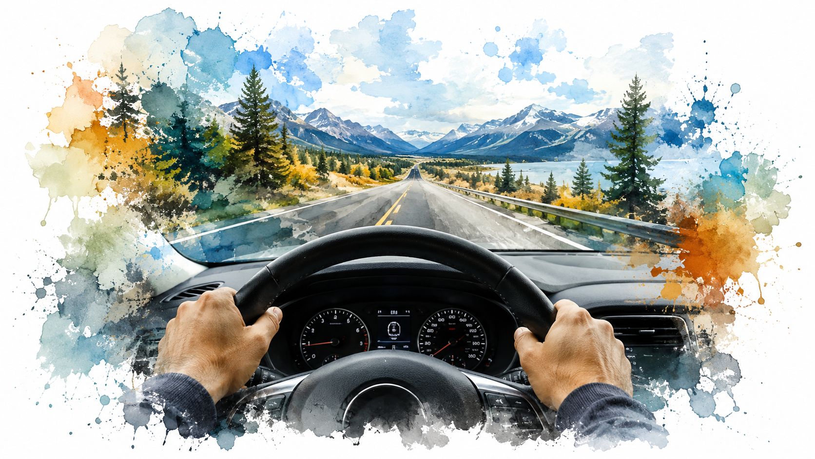 A driver's point of view while steering a vehicle on a scenic mountain road, illustrated with watercolor effects.