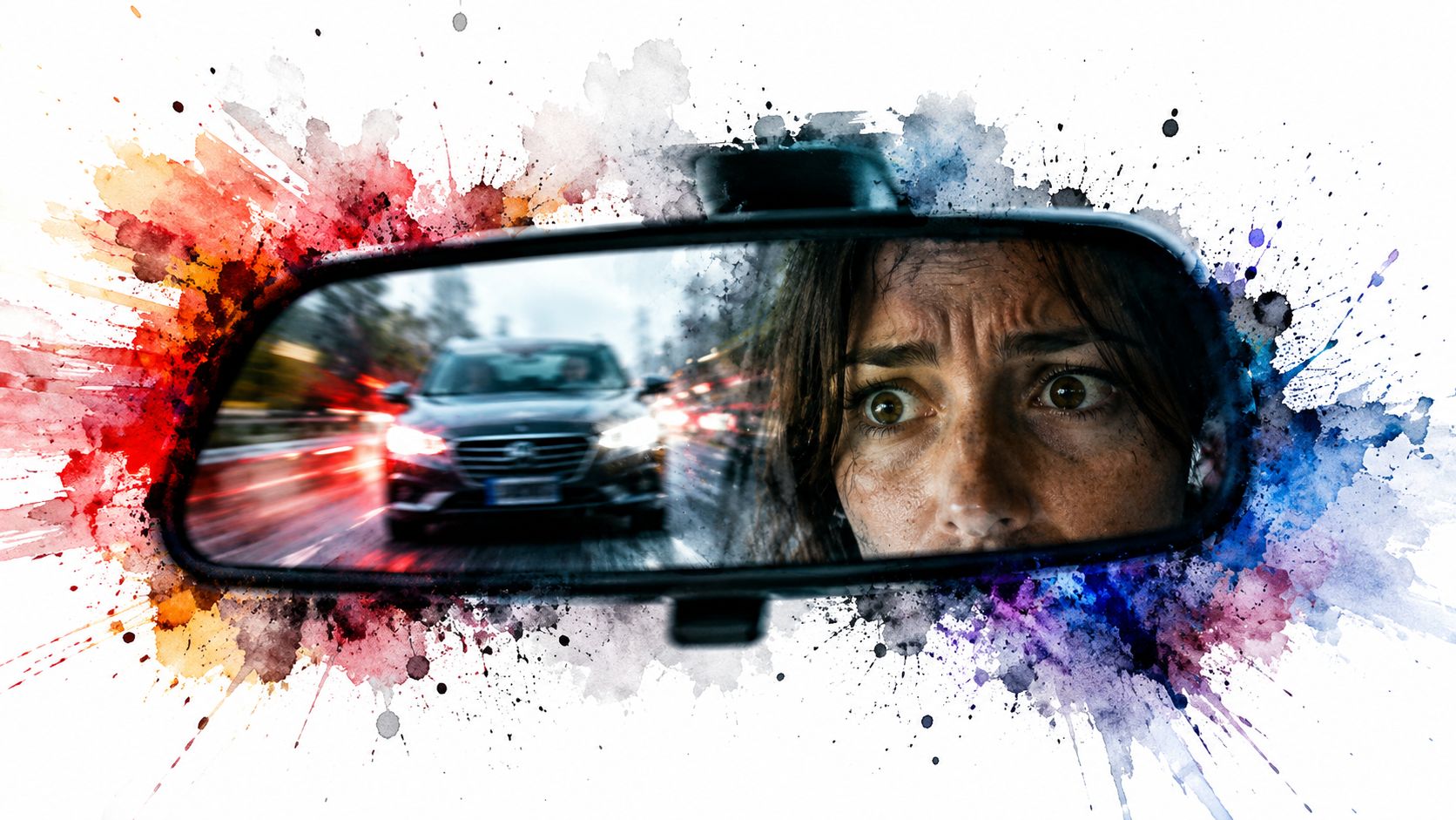 A terrified driver looking into a rearview mirror showing a car following closely behind in traffic.