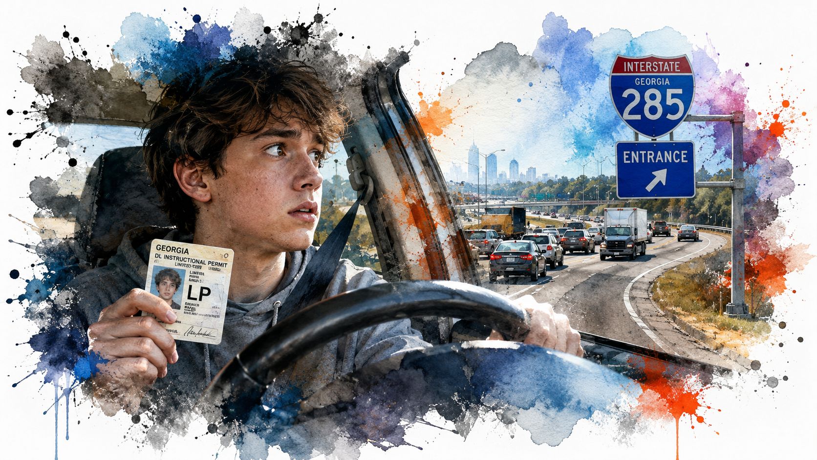 A young man holding a Georgia instructional permit while driving on a busy highway.