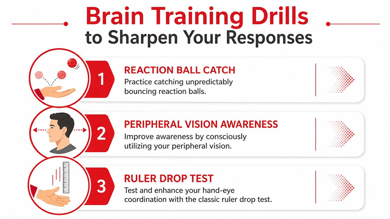 An infographic titled Brain Training Drills to Sharpen Your Responses, featuring three exercises for reaction improvement.