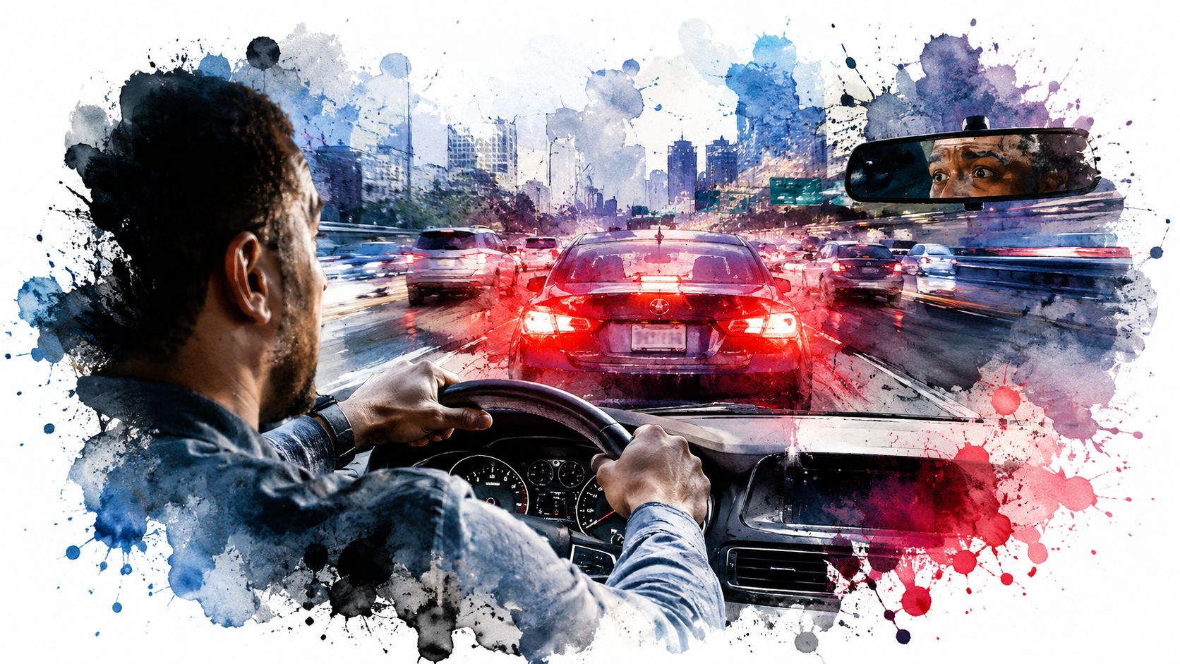 A person driving a car in heavy traffic, capturing the intensity of focusing on the road ahead.