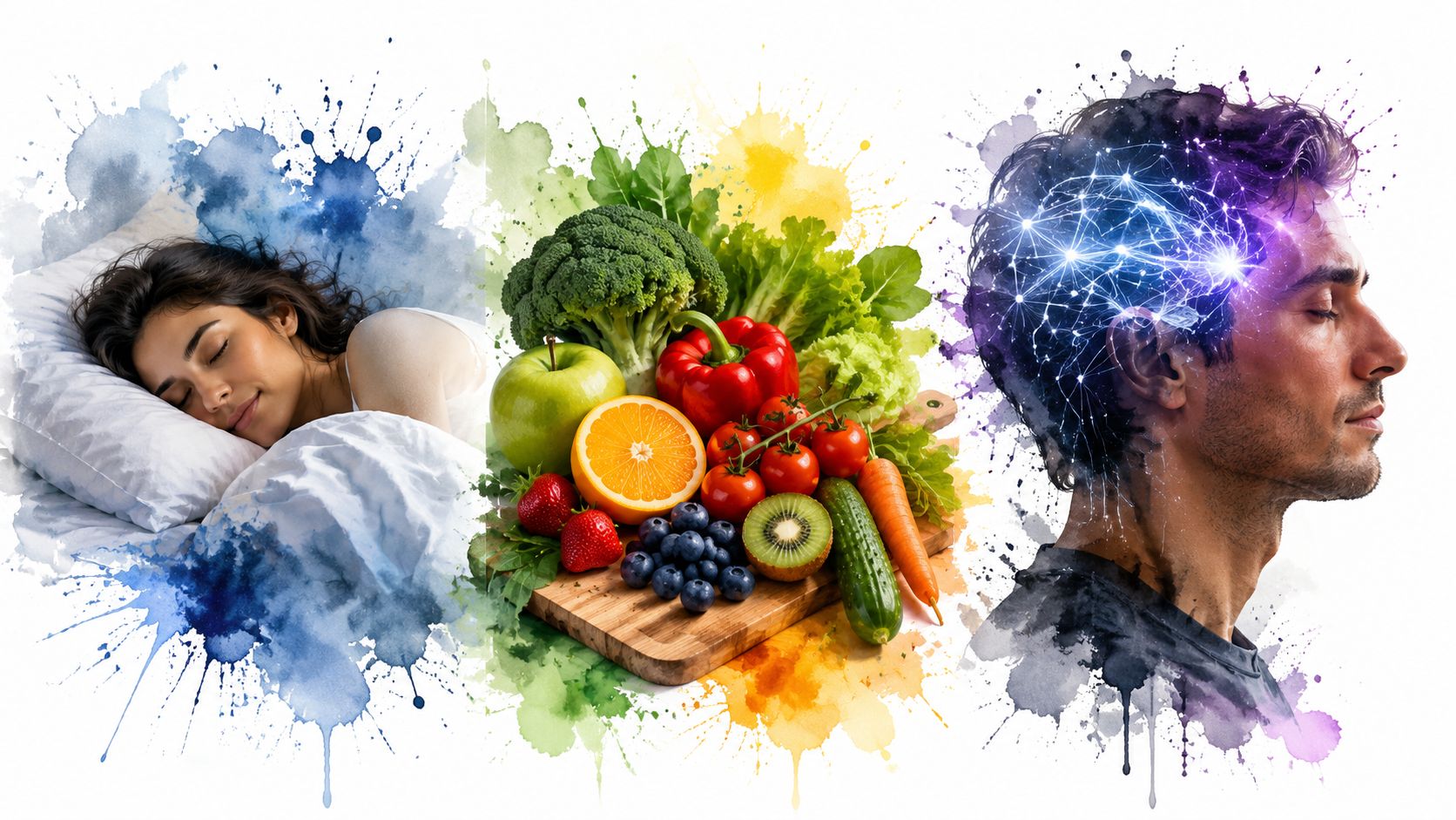 A conceptual illustration representing healthy lifestyle habits: quality sleep, nutritious balanced diet, and improved cognitive function.