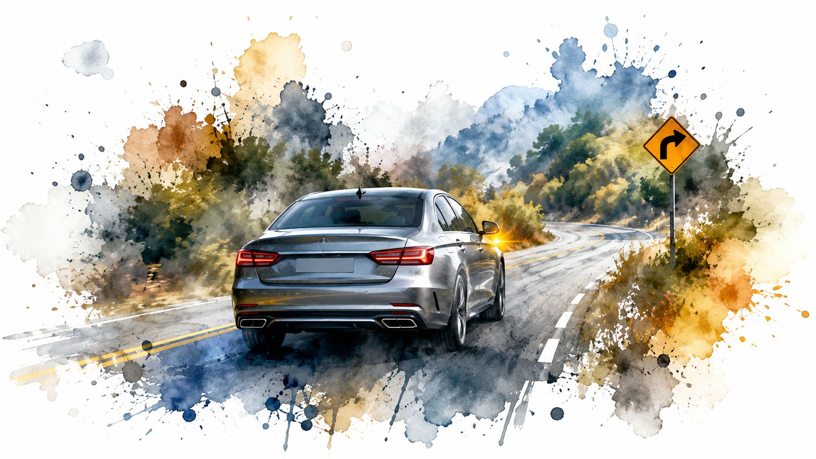 A silver sedan drives on a winding road with a sharp curve warning sign in watercolor style.