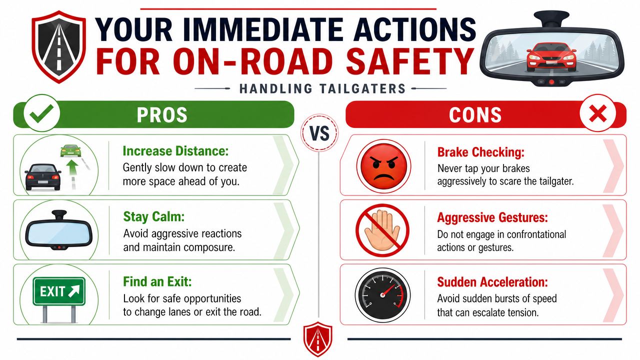 An infographic detailing safe driving tips and behaviors to avoid when dealing with a tailgating driver.