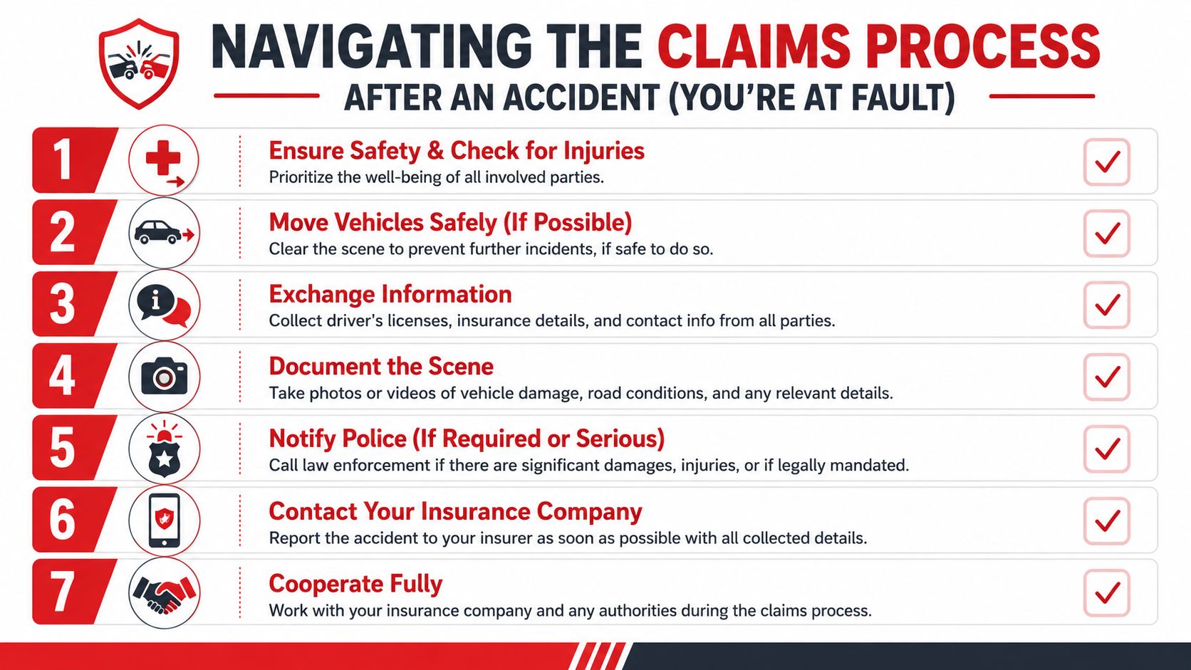 A step-by-step infographic titled Navigating the Claims Process, illustrating seven essential actions after a car accident.