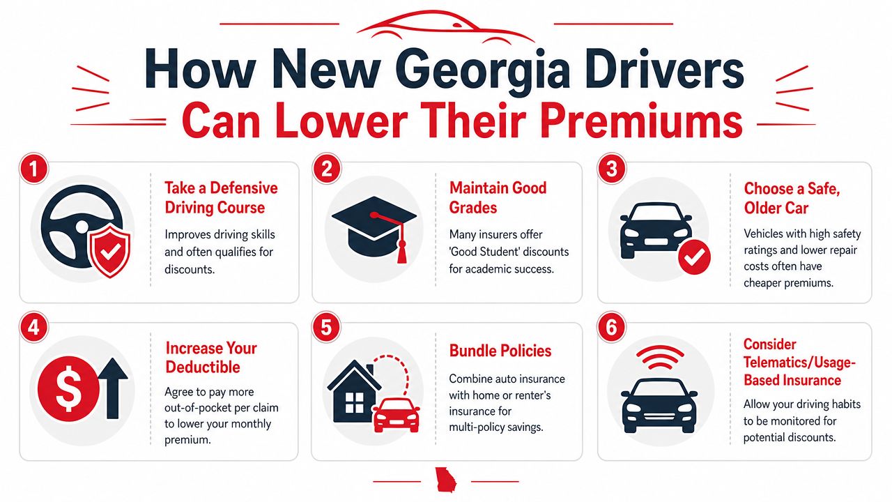 An infographic titled How New Georgia Drivers Can Lower Their Premiums showing six tips for auto insurance.